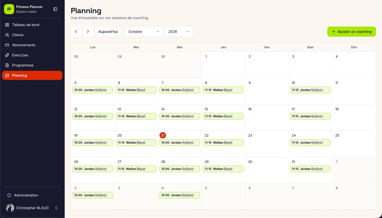 Aperçu du site Fitness Planner