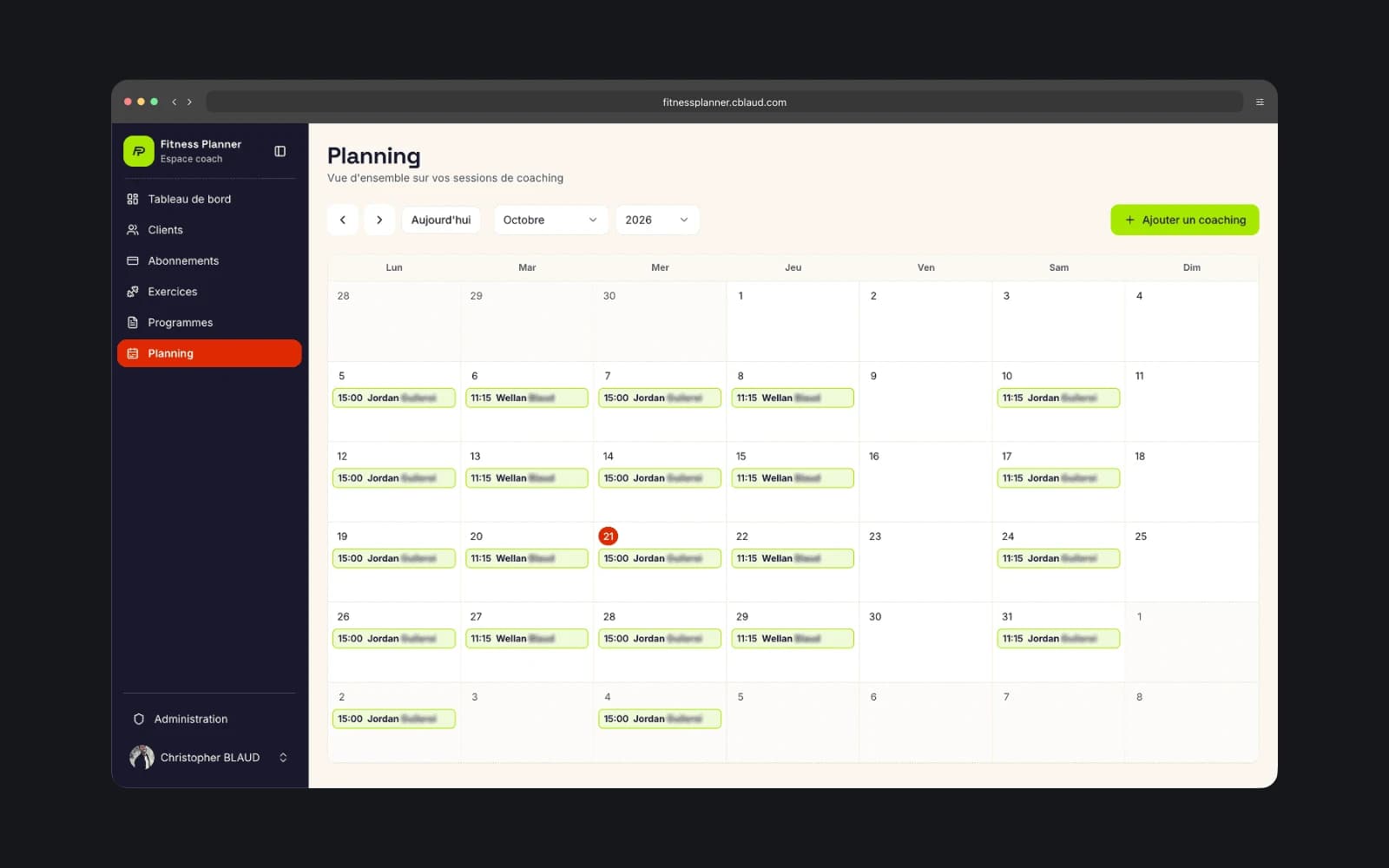 Aperçu du site Fitness Planner